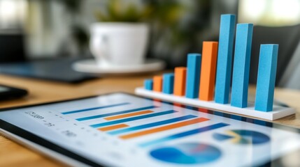 A sleek and modern financial bar graph displayed on a tablet screen with colorful bars showing fluctuations in the market over time