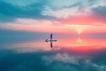 Naklejka premium Romantic sunset with a lone boat on calm ocean waters