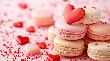 1. Valentine's Day Love Banner: Heart-Shaped Macaron Cookies on a Pink Panoramic Background