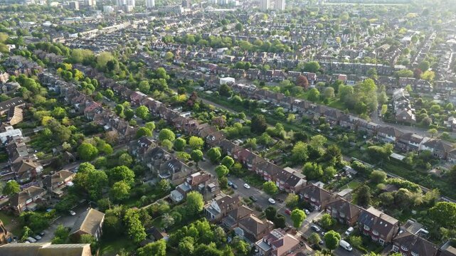 Aerial footage of the East Acton residential district in Acton in London, England, on a sunny day