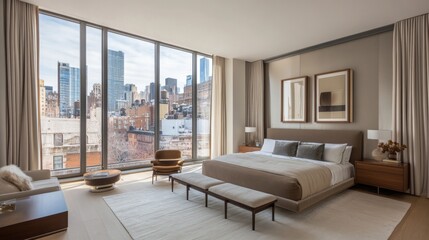 Fototapeta premium A sophisticated bedroom with a minimalistic design, featuring a large statement bed, elegant nightstands, and a mix of plush textures, bathed in natural light