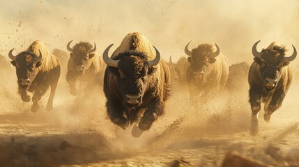1. "A Large Herd of Wild American Bison (Buffaloes) Running in a Dusty Plain, Symbolizing the American Far West and the US National Mammal"