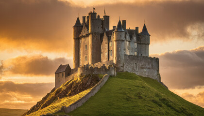 Fototapeta premium Majestic Irish castle on green hill with golden sunset