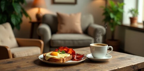 Aromatic Coffee with Fried Egg and Crispy Bacon on Toast Served on Rustic Wooden Table