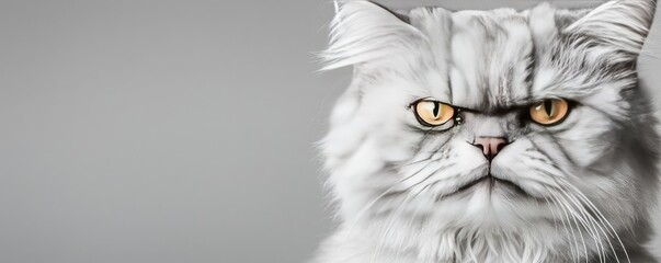 Fototapeta premium Persian cat idea. A close-up portrait of a majestic silver Persian cat with striking yellow eyes.