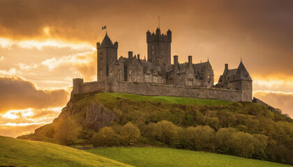 Fototapeta premium Majestic Irish castle on green hill with golden sunset