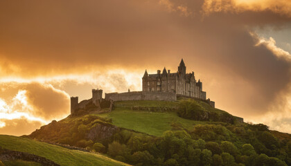 Obraz premium Majestic Irish castle on green hill with golden sunset