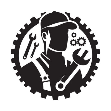 Mechanic Silhouette Vector Illustration, Solid White Background.