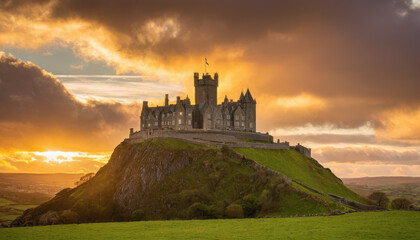 Obraz premium Majestic Irish castle on green hill with golden sunset