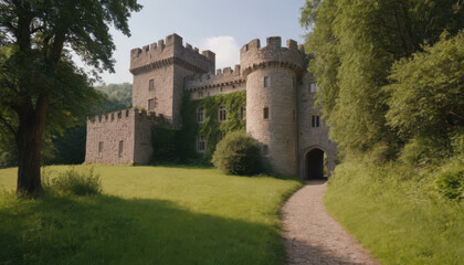 Ancient stone castle surrounded by lush green grass