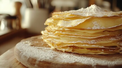 "Plate of French Crepes (Pancakes) with Sugar; Chandeleur or Candlemas Celebration Background with Copy-Space"