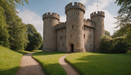 Ancient stone castle surrounded by lush green grass