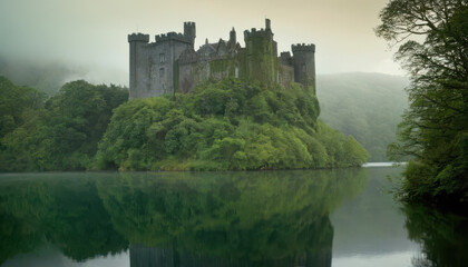 Misty Irish castle overlooking serene lake with rich tones