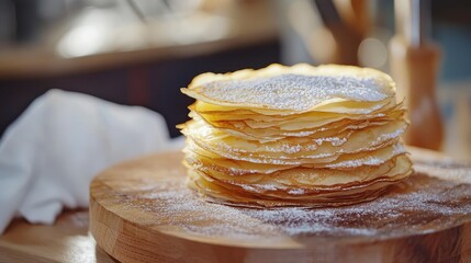 "Plate of French Crepes (Pancakes) with Sugar; Chandeleur or Candlemas Celebration Background with Copy-Space"