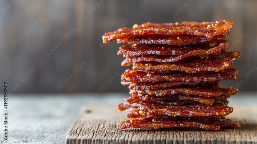 Poster a stack of hot, crispy bacon strips with a rich texture, placed on a rustic wooden cutting board wit