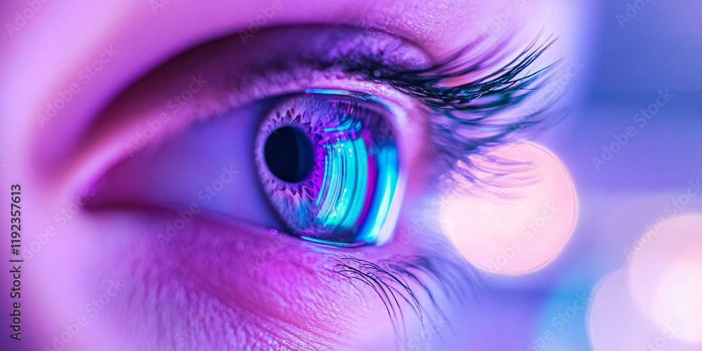 Poster close-up of a detailed eye showcasing vibrant and futuristic colors. the image captures reflections 