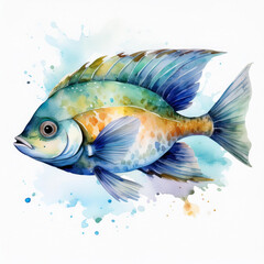 Fototapeta premium Watercolor cute fish, sea animal on white background. Aquatic life, marine creature, wildlife nature