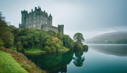 Misty Irish castle overlooking serene lake with rich tones