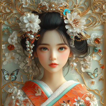 アールヌーボー調の金色の装飾フレームに囲まれた和装の美しい少女、白い花と真珠の髪飾り、翡翠色の蝶が舞うオレンジと白の着物姿で幻想的な雰囲気を表現したファンタジーポートレート作品