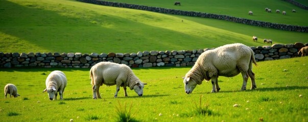 Obraz premium Grazing sheep in a green meadow with a stone wall , grass, landscape, farm