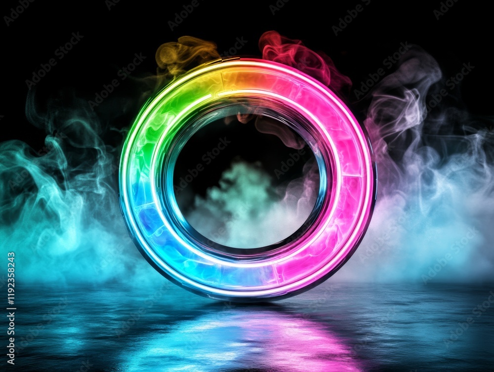 Poster colorful neon light ring in shape of o on black background with glowing lines and circular compositi
