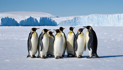 Obraz premium Group of emperor penguins huddled on icy terrain with glaciers and bright blue sky.