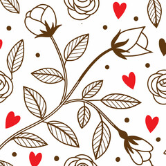 A beautiful, seamless pattern featuring stylized roses, leaves, and hearts in warm brown and red on a white background.