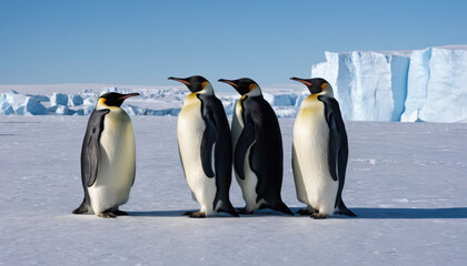 Fototapeta premium Group of emperor penguins huddled on icy terrain with glaciers and bright blue sky.