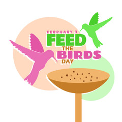 Feed the Birds Day to celebrate on February 3rd. Illustration of a bird flying with a bird feeder. Animal event banner.