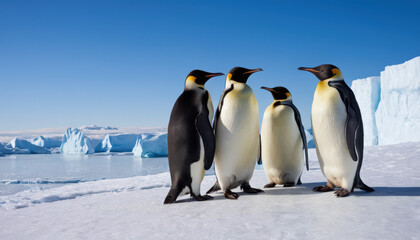 Obraz premium Group of emperor penguins huddled on icy terrain with glaciers and bright blue sky.