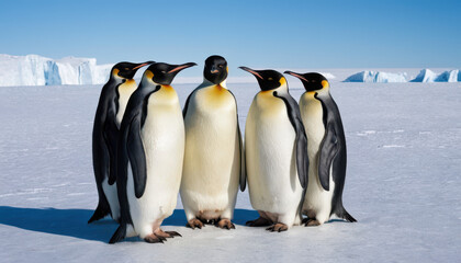 Obraz premium Group of emperor penguins huddled on icy terrain with glaciers and bright blue sky.