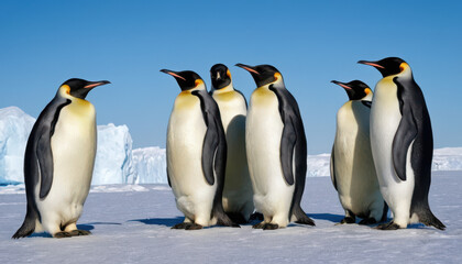 Fototapeta premium Group of emperor penguins huddled on icy terrain with glaciers and bright blue sky.