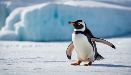 Obraz premium Close-up of penguin sliding across ice with sparkling snow and blurred penguin background