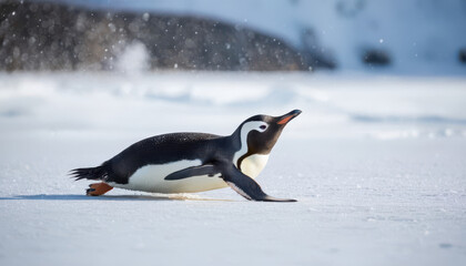 Fototapeta premium Close-up of penguin sliding across ice with sparkling snow and blurred penguin background