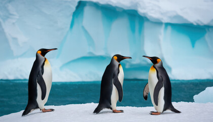 Obraz premium Penguins on icy cliff overlooking turquoise Antarctic ocean under soft light
