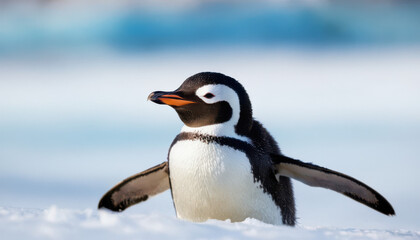 Naklejka premium Close-up of penguin sliding across ice with sparkling snow and blurred penguin background