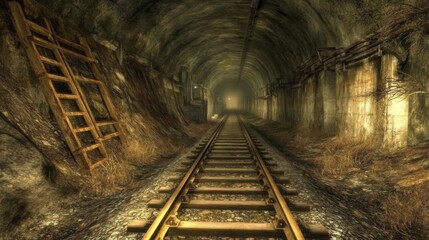 A subway tunnel at night with faint lighting at the end, highlighting the long, empty tracks stretching into the distance, surrounded by rough concrete walls
