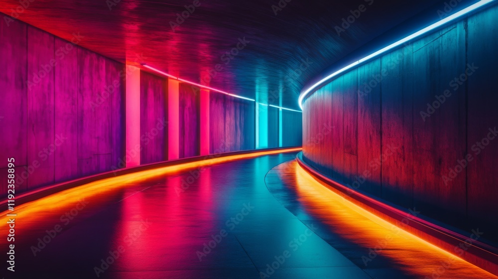 Fototapete A subway tunnel with illuminated track rails running through a dark, curved passage, with soft lighting casting shadows on the concrete walls for a dramatic effect
