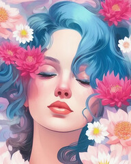 Dreamer girl in beautiful flowers. Portrait of a young woman surrounded by flowers. Smooth PNG version.