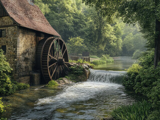 Historic watermill nestled in a lush green forest, its large wooden wheel turning gently in the stream.