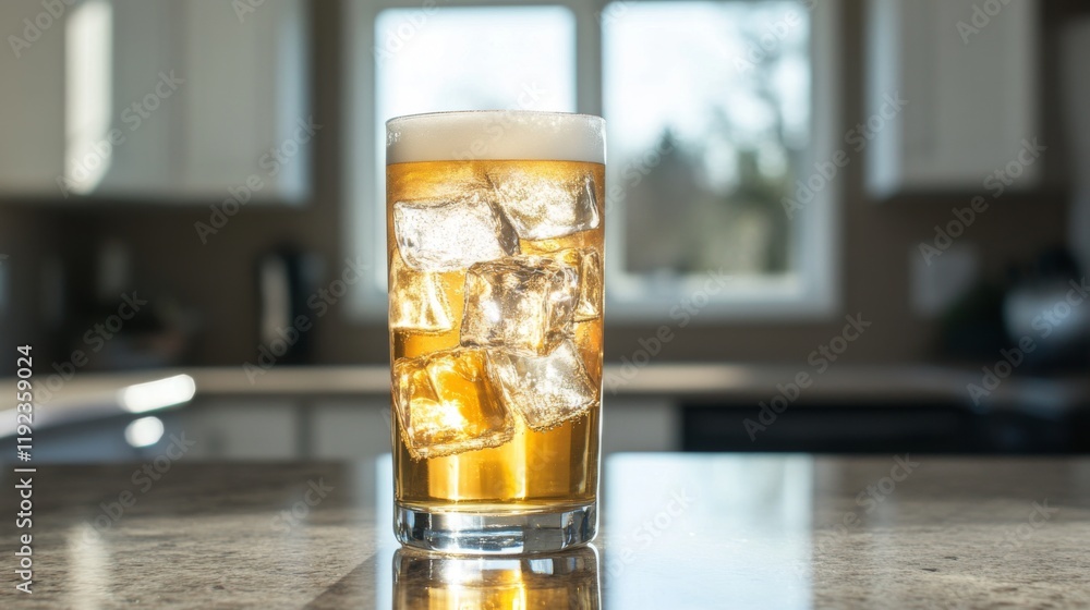Poster a tall glass of beer with large ice cubes inside, set on a smooth countertop with natural light refl