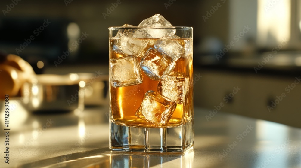 Poster a tall glass of beer with large ice cubes inside, set on a smooth countertop with natural light refl