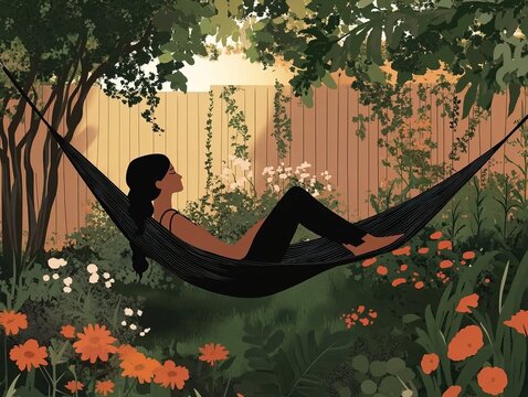 Woman enjoying a peaceful moment on a hammock in a vibrant backyard garden at sunset.