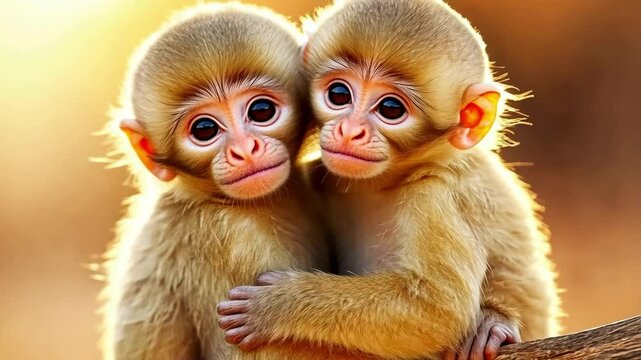 Adorable twin monkeys embracing at sunset with warm glow