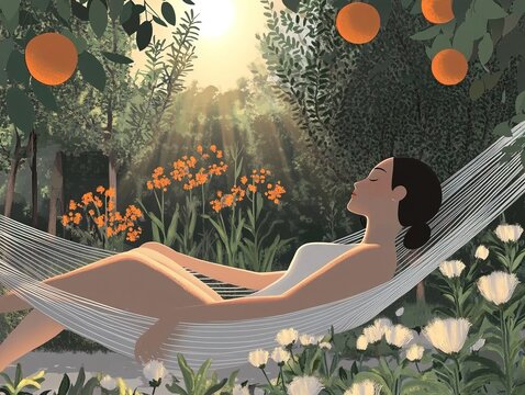 Woman relaxing on a hammock in a sunlit garden surrounded by orange trees and flowers.