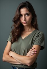 Obraz premium Angry brunette woman frowning and standing with arms crossed