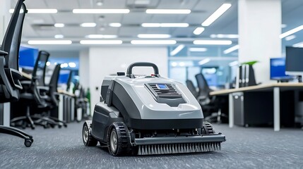 Obraz premium Robotic cleaner sweeping modern office carpet