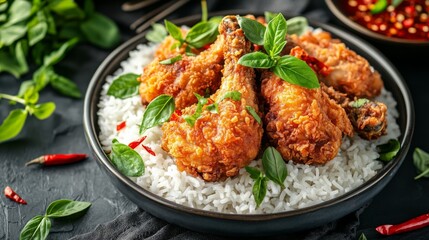 Fototapeta premium A top-down view of a well-presented plate of fried chicken on a bed of rice, with a touch of chili and fresh herbs, captured with soft natural lighting