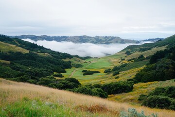 Obraz premium Ethereal fog rolling over hills scenic landscape nature photography verdant hillside serene viewpoint atmospheric beauty