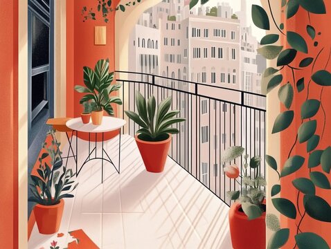 Small urban balcony filled with potted plants, overlooking a cityscape on a sunny day.